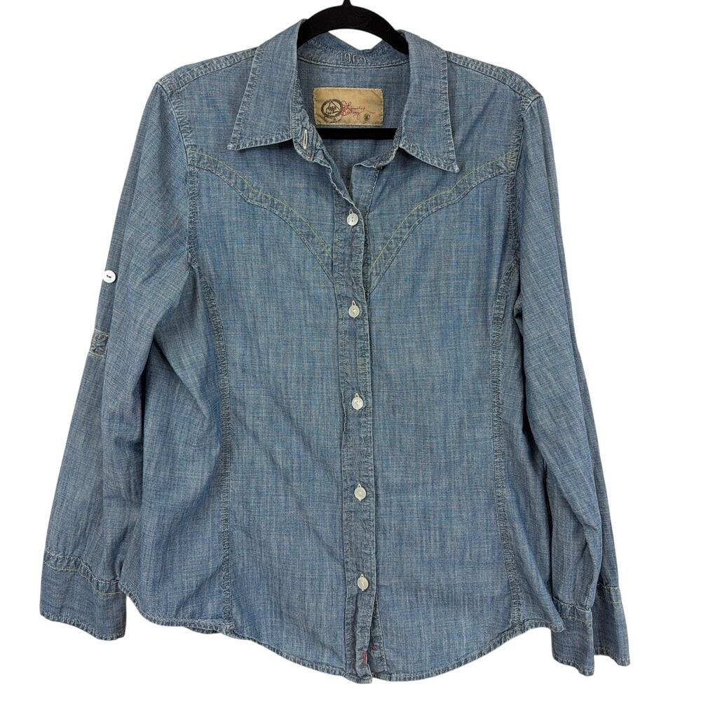 Vintage Gap Jeans Blue Western Button Up Roll Tab Sleeve Shirt XL